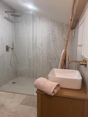 une salle de bain avec un lavabo et une douche dans l'établissement L’oliveraie, à Ventenac-Cabardès