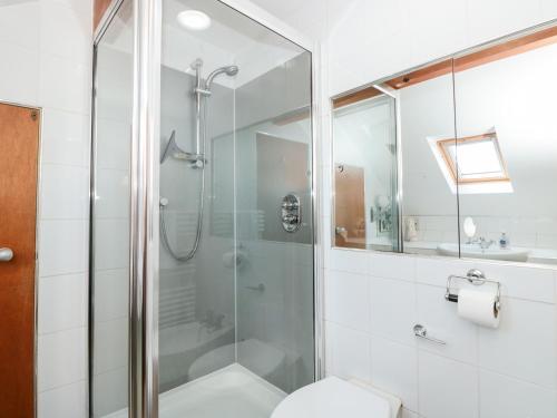 uma casa de banho com um chuveiro e um WC. em Middle Meadow em Dartmouth