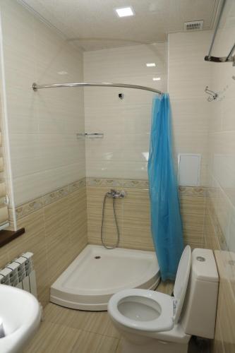 uma casa de banho com um WC, um chuveiro e um lavatório. em Hotel Brick House em Samarkand