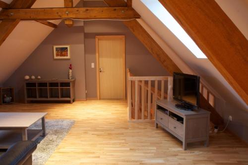 a living room with an attic with a tv on a cabinet at Le Grenier Des Arômes Au Domaine Wittmann in Mittelbergheim
