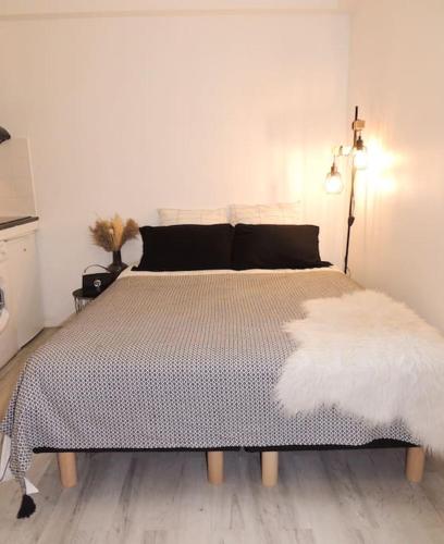a bedroom with a bed with a black and white comforter at Le Cocon de Poissy in Poissy