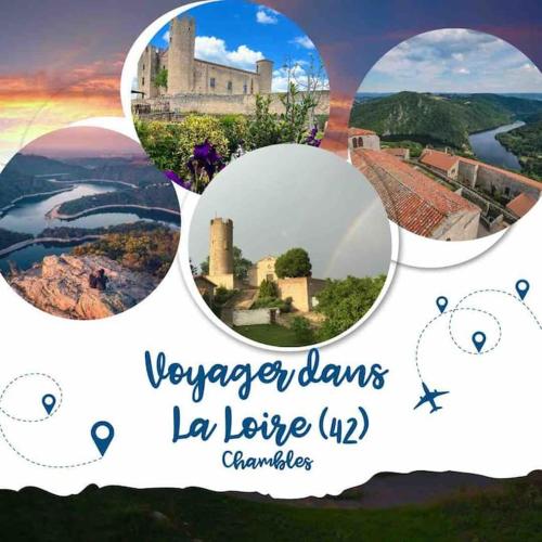 a collage of photos of a island with a castle at Maisonnette jardin jacuzzi au cœur de Chambles in Chambles