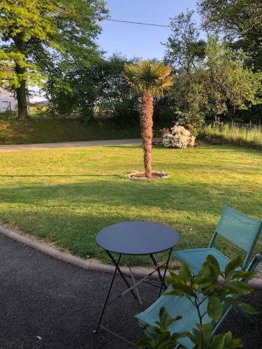 a table and two chairs and a palm tree in a park at Havre de paix dans un joli petit coin de verdure in Saint-Sulpice-le-Guérétois