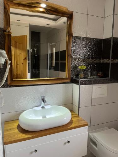 a bathroom with a sink and a mirror and a toilet at Rustic Inn River in Plitvička Jezera