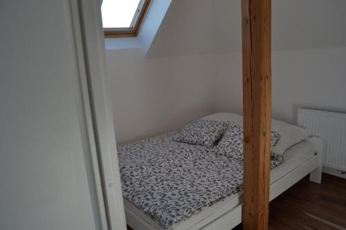 a small bed in a small room with a mirror at Apartment Aurora in Dziwnówek