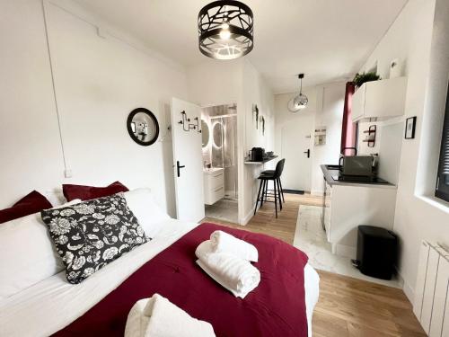 sypialnia z dużym łóżkiem i czerwonym kocem w obiekcie Le JOY, studio au coeur de la ville w Beauvais