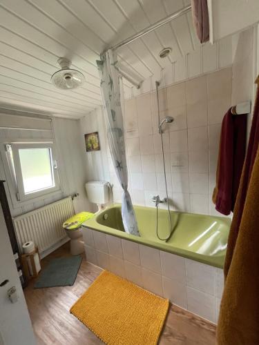a bathroom with a green tub and a toilet at Ferienhaus Sternschnuppe in Limbach