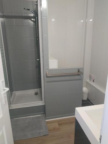 baño con ducha y puerta de cristal en Charmant logement à 2 pas de la plage en Le Portel