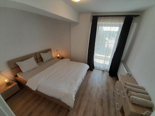 a bedroom with a large bed and a large window at Airplane Residence 1 in Otopeni