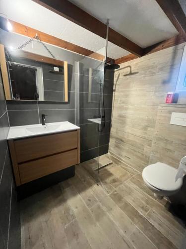 a bathroom with a sink and a toilet at Bungalow indépendant dans jardin exotique , piscine in Fleurimont