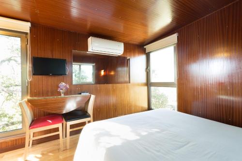 a bedroom with a bed and a desk and a tv at Encostas do Côa TER -HOTEL in Pinhel
