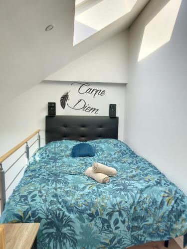 une chambre avec un lit avec une couette bleue dans l'établissement Sublime appart rénové duplex centre ville 4pers wifi, à Saint-Quentin