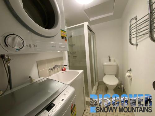 een kleine badkamer met een wastafel en een toilet bij Alpine Mountain View 3 in Jindabyne