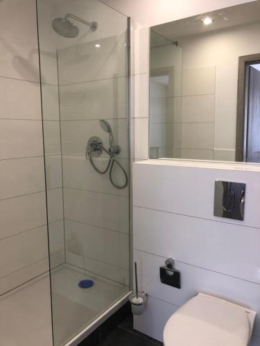 a bathroom with a glass shower with a toilet at Dom Pod Sosnami in Mielno