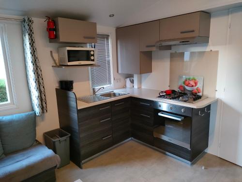 a small kitchen with a stove and a microwave at Mobil home Menanteau in Les Mathes