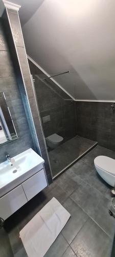a bathroom with a shower and a sink and a toilet at Navigator in Palić