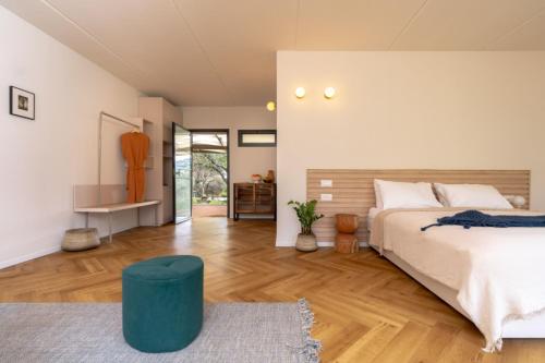 Moran的住宿－Slowness - Kibbutz Moran，一间卧室设有一张大床和一张蓝色凳子