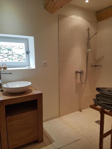 a bathroom with a sink and a shower at Les Fonts de Baix in Plan-de-Baix
