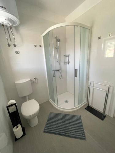 een badkamer met een douche, een toilet en een tapijt bij Superior Rooms Sea Side View in Rab