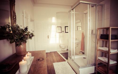a bathroom with a shower and a toilet and candles at Schloss Altenhagen in Kröpelin