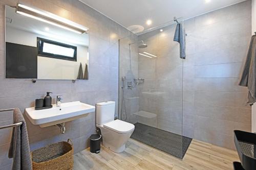 een badkamer met een toilet, een wastafel en een douche bij Casa El Consuelo in Tijarafe