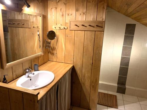 a bathroom with a sink and a mirror at Le Mont Milo, Spacieux, 5ch, sauna, Sdjeux, Borne de recharge électrique in Briançon