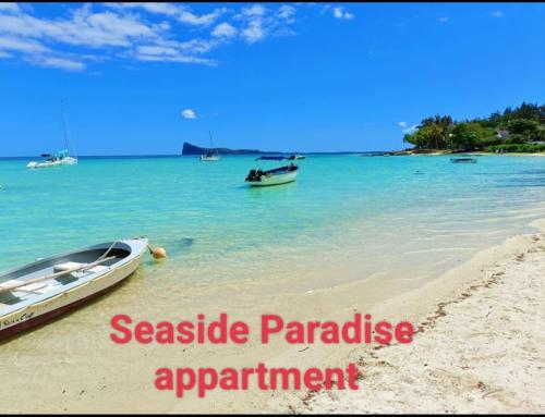 un barco sentado en una playa en el océano en Seaside Paradise 2 minutes à pied du Lagoon, en Pereybere