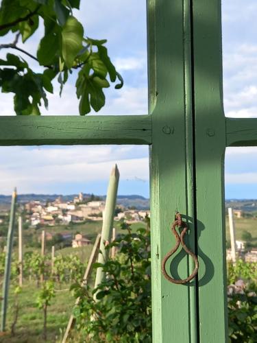 a green door with a vineyard in the background at I Quattro Grappoli in Neive