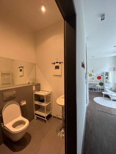 La salle de bains est pourvue de toilettes et d'un lavabo. dans l'établissement Modernes Loft im Zentrum Leipzigs, Nähe Thomaskirche, Innenstadtring, à Leipzig