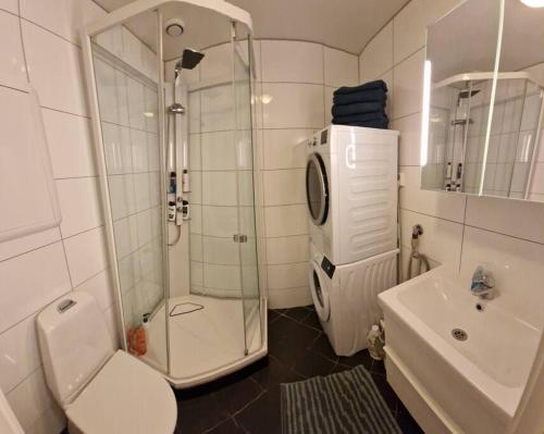 a bathroom with a shower and a toilet and a sink at Leilighet sentralt i Trondheim in Trondheim