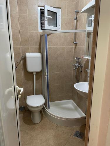 a small bathroom with a toilet and a sink at Comfortable Villa Oliva in Čanj