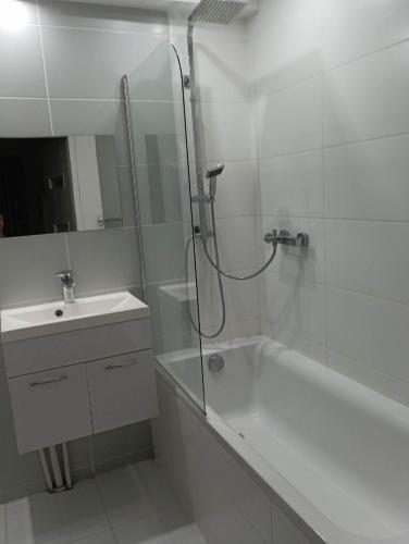 a bathroom with a shower and a tub and a sink at Apartament Królowej Jadwigi in Iława