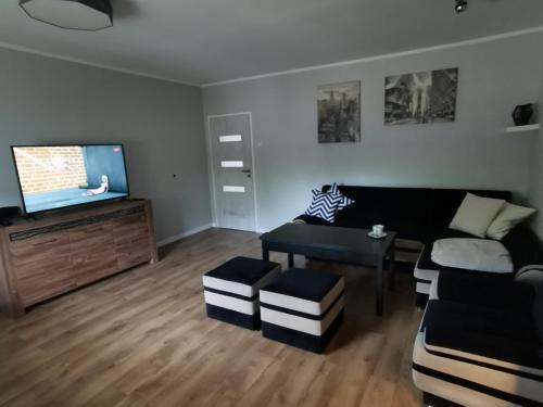 a living room with a couch and a flat screen tv at Apartament Królowej Jadwigi in Iława