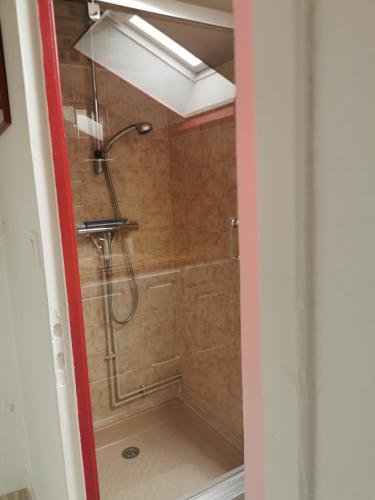 une douche avec pommeau de douche dans une salle de bain dans l'établissement Hébergement, à Montpezat-de-Quercy