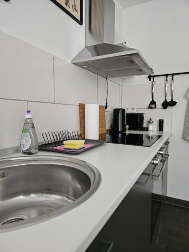 - une cuisine blanche avec évier et cuisinière dans l'établissement Gemütliche Wohnung in ruhigem Wohngebiet, à Aschaffenbourg