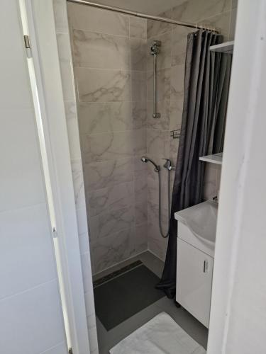 a bathroom with a shower with a shower curtain at Apartmani Krepelnik in Drage