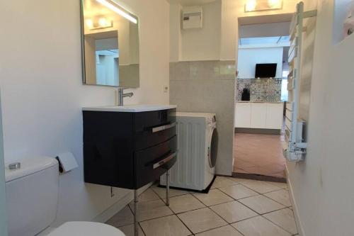 ein Badezimmer mit einem WC, einem Waschbecken und einem Spiegel in der Unterkunft Maison Ronchin/Lille - Proche toutes commodités in Ronchin