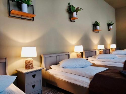 2 camas en una habitación con plantas en la pared en Zakarias Apartments, en Miercurea-Ciuc