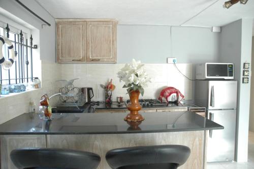 a kitchen with a counter with a vase of flowers on it at Captain's Quarters Studio in Palmyre