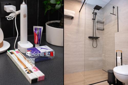 two pictures of a bathroom with a shower at Champ's Urban Sanctuary in Tallinn