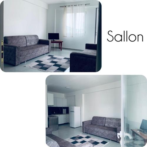 a living room with a couch and a table at Apartment in Gramsh