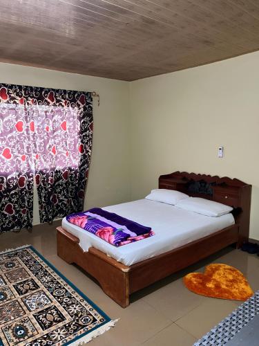 a bedroom with a bed and a window and a rug at Yogi Home Stay Near Freetown Airport in Freetown