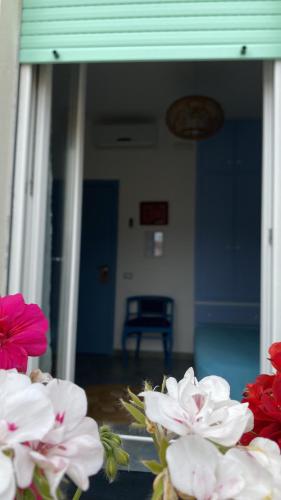 a vase with flowers in front of a room at Sunrise B&B Le castella in Le Castella