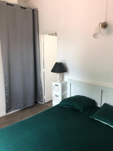 a bedroom with a green bed and a lamp at La clef Sithieu in Saint-Omer
