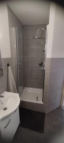 a bathroom with a shower and a white sink at Schöne sonnige Wohnung in Jüchen