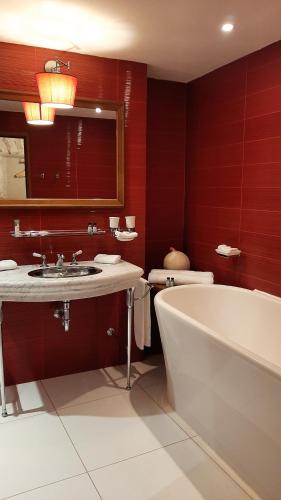 a bathroom with a tub and a sink and a mirror at La Tour d'Enguernes in Montmeyan