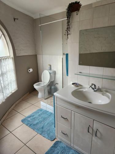 a bathroom with a sink and a toilet and a mirror at Chalet 1 bedroom in Boksburg