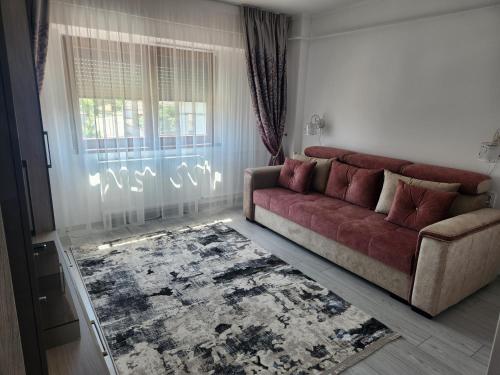 - un salon avec un canapé rouge et un tapis dans l'établissement Alexa Home, à Sânmartin