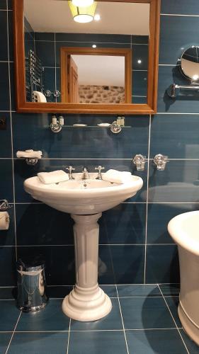 a bathroom with a sink and a mirror at La Tour d'Enguernes in Montmeyan