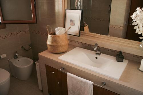 W łazience znajduje się umywalka, toaleta i lustro. w obiekcie Casa Magnolia w mieście Dosríus